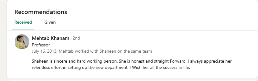 Recommendation of Prof. Mehtab Khanam